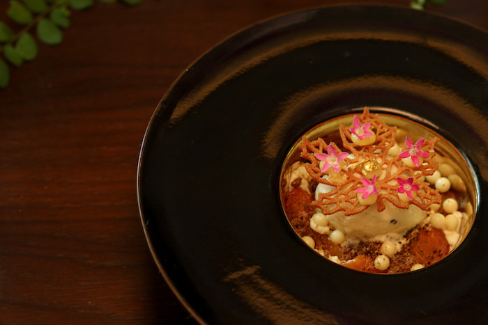 Apricot with Madagascar vanilla bean, chantilly cream, honey chrysanthemum ice cream, opalys crunchy pear, and coffee crumble