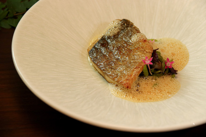 French Seabass with clams, shishito pepper, and mala bouillon