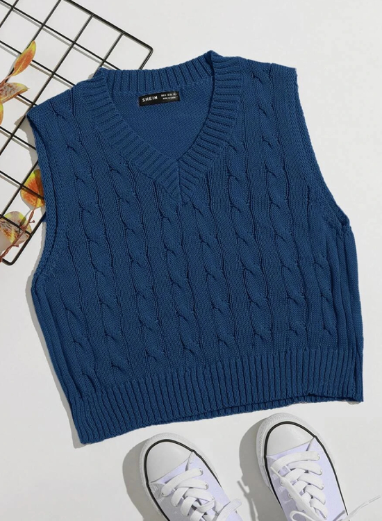shein blue cable knit vest